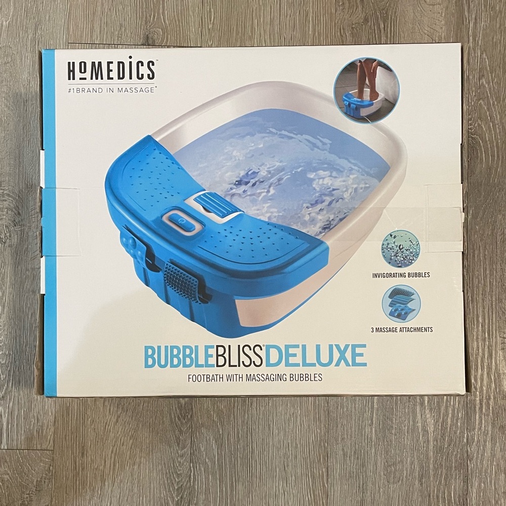 NWOT Homedics Blue Bubble Bliss Deluxe Footbath, Includes 3 MASSAGE ATTACHMENTS